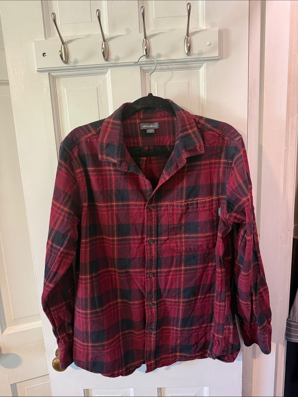 Men's Eddie Bauer Red and Black Plaid Flannel Button-Up Shirt
